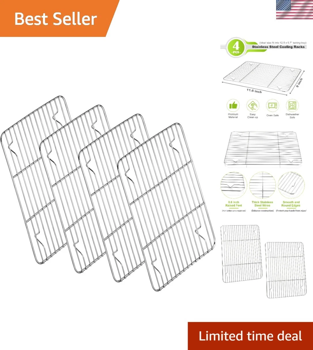 Elegant 4-Piece Dishwashing Safe Cooling Rack Set - Heavy Duty for Even Baking
Opens in a new window