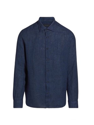 Saks Fifth Avenue Collection %100 Linen Shirt Men Size XL Long Sleeve Navy