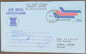 MayfairStamps Singapore 1987 to Bangkok Thailand Boeing 747 Lufthansa First Flig