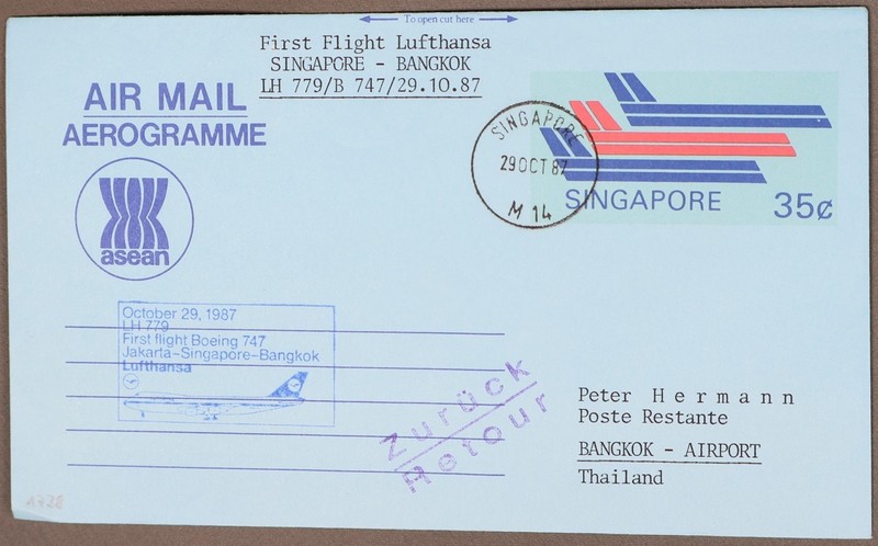MayfairStamps Singapore 1987 to Bangkok Thailand Boeing 747 Lufthansa First Flig