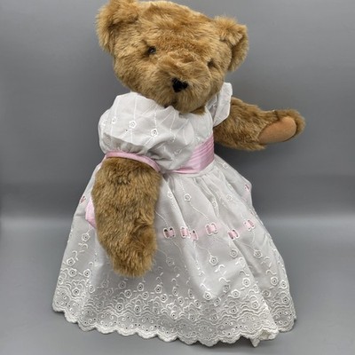 The Vermont Teddy Bear Company Classic Jointed Brown 16'' Bear White Dress