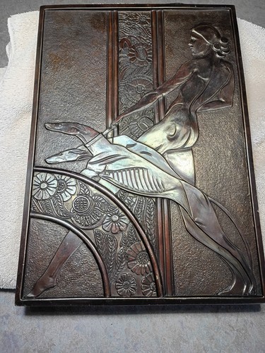 Risque Female / Woman  with Greyhound dogs 1930's Bronze plaque Merit co Chicago