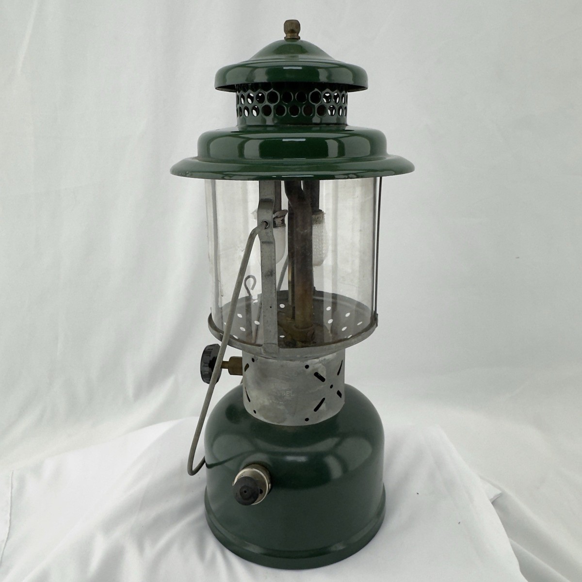 Vintage Coleman 220E Lantern 2/57 Pyrex Globe Green Double Mantle