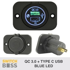 TYPE C + QC 3.0 USB - BLUE LED Flush Mount Panel - 12v QC Outlet Power Socket