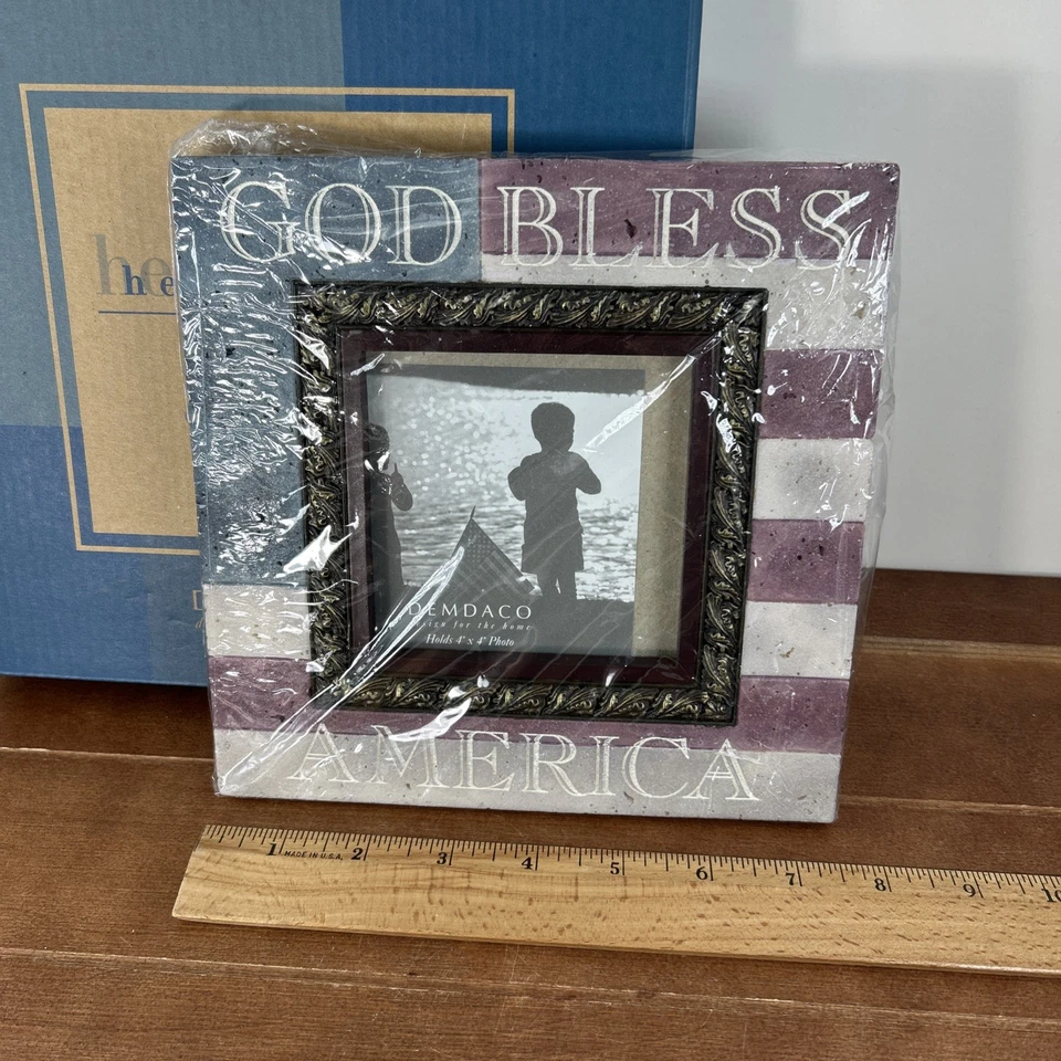 "Marco de fotos patriótico Demdaco Heartstone God Bless America 4x4"" nuevo en caja" Foto 3 de 4