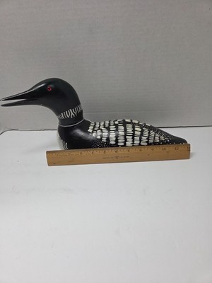 HAND-CARVED & PAINTED WOODEN LOON DECOY SCULPTURE-ENGRAVED BOTTOM-SIGNED!