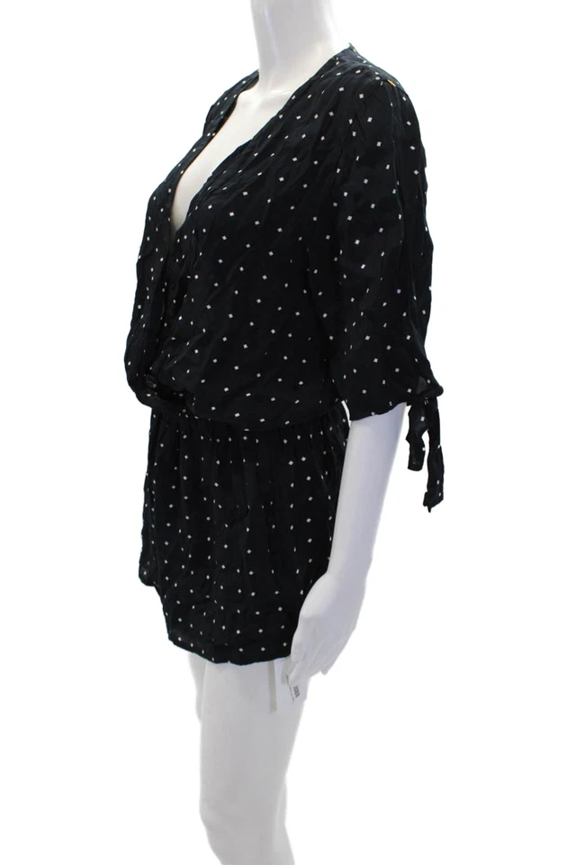 Faithfull The Brand Womens Diamond Print V Neck Romper Navy Blue White Size 8 - Image 2 of 4