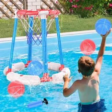 Pool Basketball Hoop with 4 Balls and Pump – Poolside & Floating Basketball H...