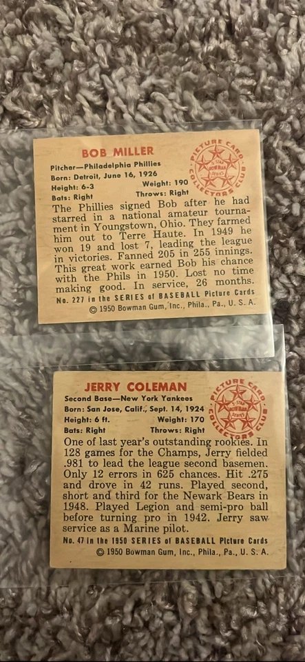 1950 Bowman Джерри Коулман Боб Миллер New York Yankees - Изображение 2 из 2