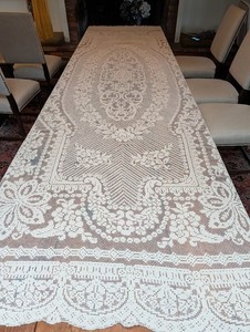 Vtg. Ecru Lace, Crochet Tablecloth Approximately 128" x 62".