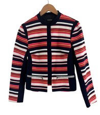 Trina Turk Navy Multi-Colored Striped Lined Jacket Cropped Pockets Size 6 Blazer