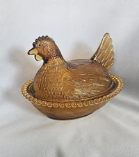 Indiana Glass Amber Color Hen On Nest Covered Candy Dish