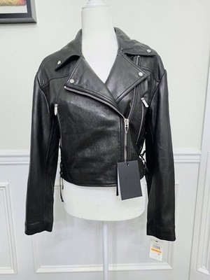 Andrew Marc Black Lamb Leather  Biker Jacket Women's S Lace-Up Sides Zip Col