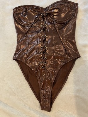 Forplay S/M Metallic Brown Lace-Up Corset 1-Piece Swimsuit Strapless Zipper Back