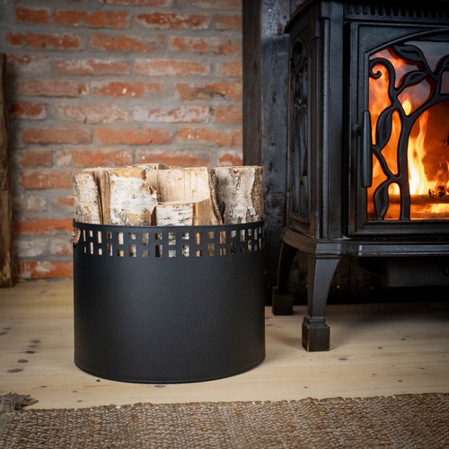 Kosz na drewno kominkowe 33 x 26 cm metal czarny malowany proszkowo belka drewniana ze wzorem - Zdjęcie 16 z 19