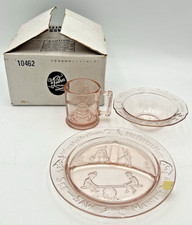 TIARA NURSERY RHYME PINK GLASS CHILDS PLATE, BOWL  CUP WITH BOX