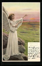 Artist postcard Alfred Mailick: angel before setting sun, Easter greeting 1901