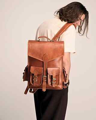 Personalized Leather Backpack Bag Vintage Brown Men Genuine S Travel New