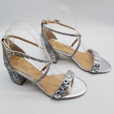 Jewel Badgley Mischka Women Claudia Glitter Block Heel Sandals Size 7.5 Silver