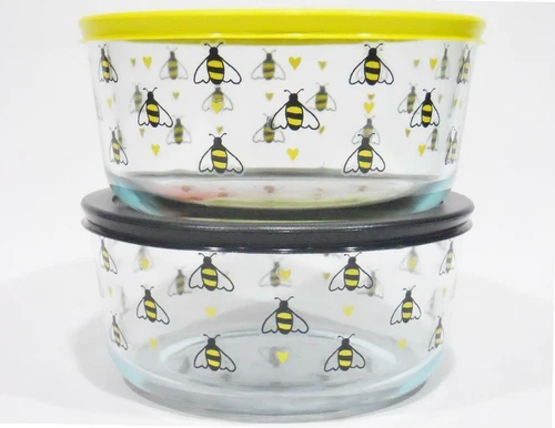 PYREX 7 Cup BEE HAPPY Storage Bowl Choose YELLOW or BLACK Hearts Spring Honeybee