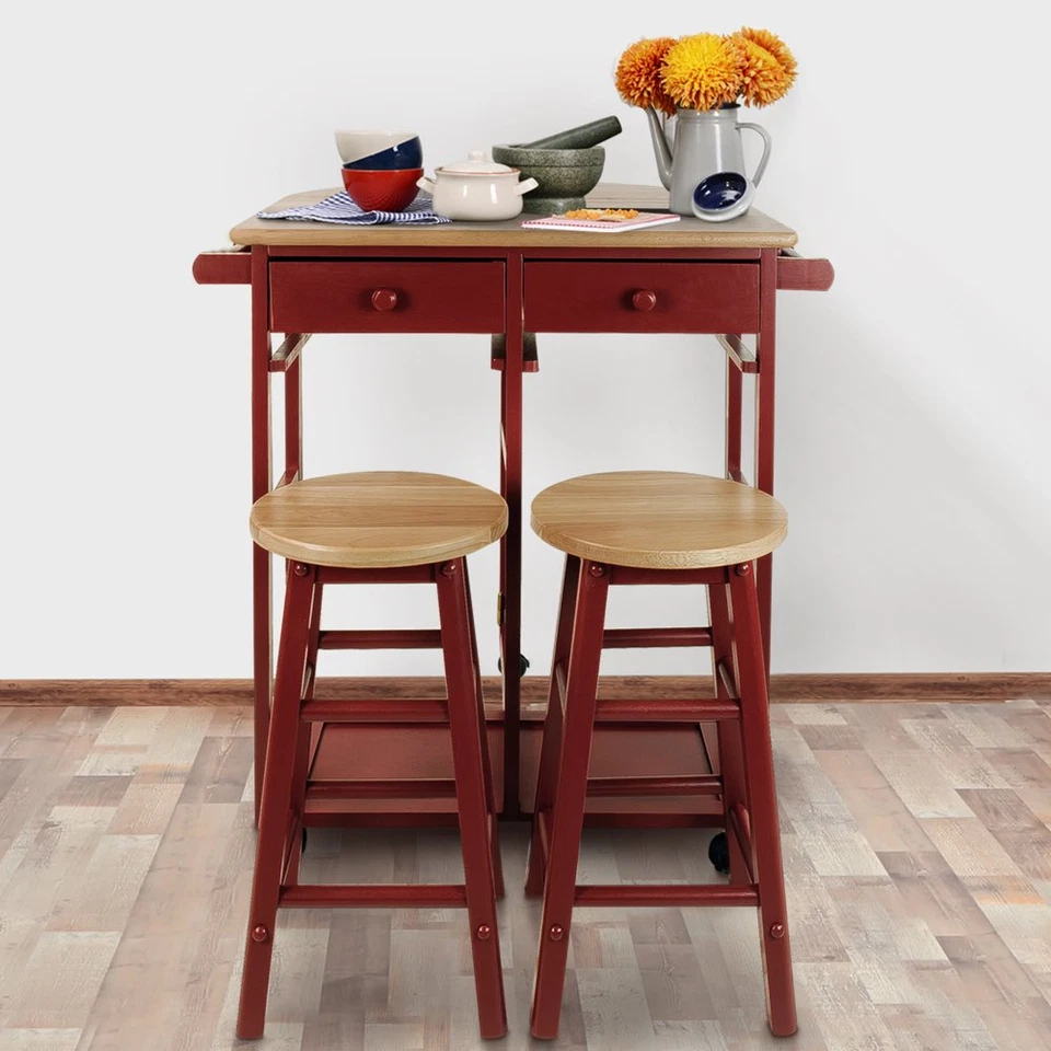 Kitchen Island Breakfast Cart with Drop Leaf Table Rolling Solid Hardwood Red - Image 2 of 4