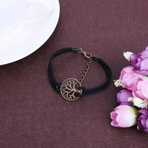NEW Tree Of Life Bracelet Bronze Black Leather Fashion Jewellery Cuff Overlay - Picture 2 of 5