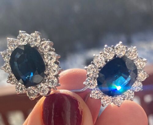 14.00ct. Estate Natural AAAA Royal Blue Oval Sapphire & Diamond Earrings 18K W.G - Picture 1 of 12