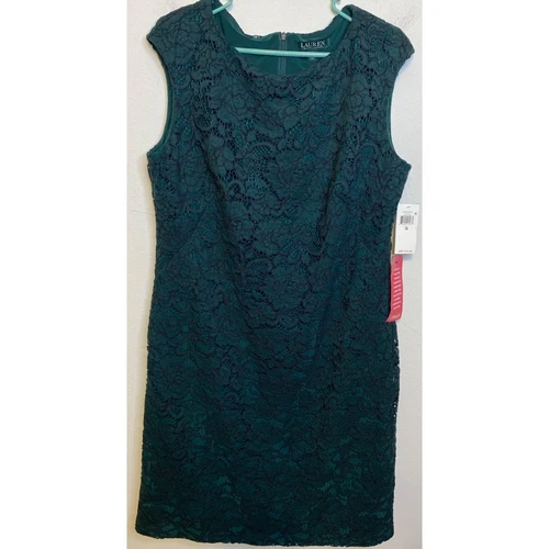 NEW Lauren Ralph Lauren Lace Dress Sleeveless Zip Lined Dark Green Size 16? 12