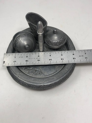 7 Piece Ceremonial Betel Nut Set Silver Aluminium Tray & Lidded Cups Asian Art - Picture 13 of 14