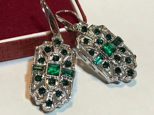 Beautiful Art Deco Style Baguette Green Crystal Drop Earrings - Picture 1 of 13