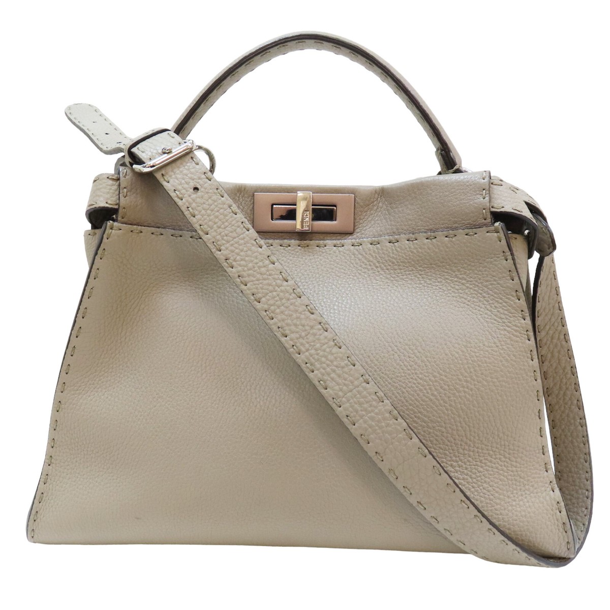 FENDI Peekaboo Selleria Shoulder Handbag Grey Calfskin Leather  