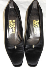 Vintage Salvatore Ferragamo Black Satin heel shoe, Rhinestone Bow Evening 7.5 A