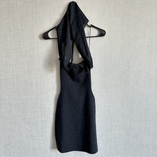 New Zara Hooded Knit Mini Navy Blue Black Metallic Thread Dress Small 4331/107