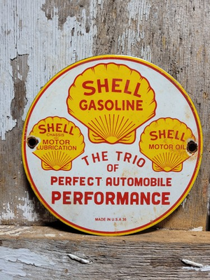 #ad VINTAGE SHELL GASOLINE PORCELAIN SIGN 1936 TRIO AUTOMOBILE AUTO GAS MOTOR OIL $181.61