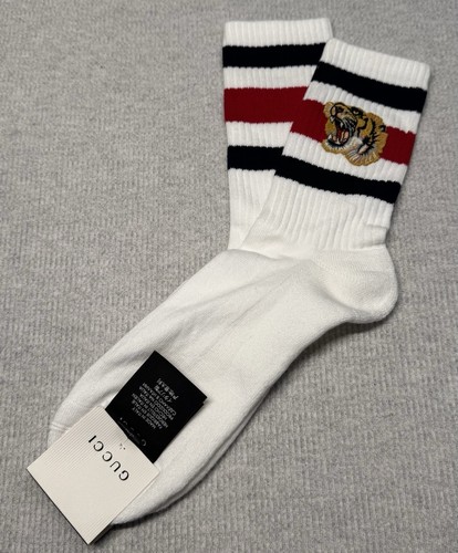 GUCCI Little Williams Knit Tiger Socks. Dark Blue/ Red Stripe. Size L/12/26-28.