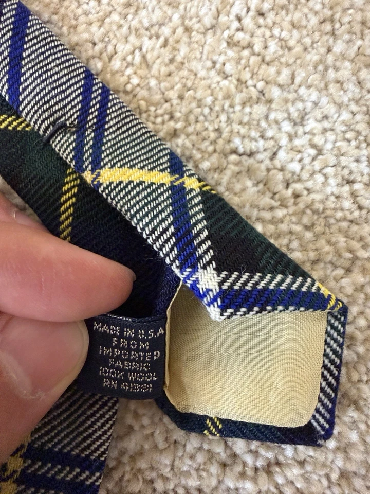 Vtg Polo Ralph Lauren HandMade Wool Plaid Tie Navy Green Yellow Made in USA - Image 4 of 4