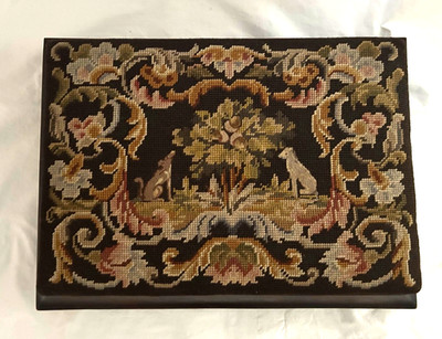 Vtg Needlepoint Wooden Footstool With Dark Brown Wool Fabric 19.5x14x6 inches