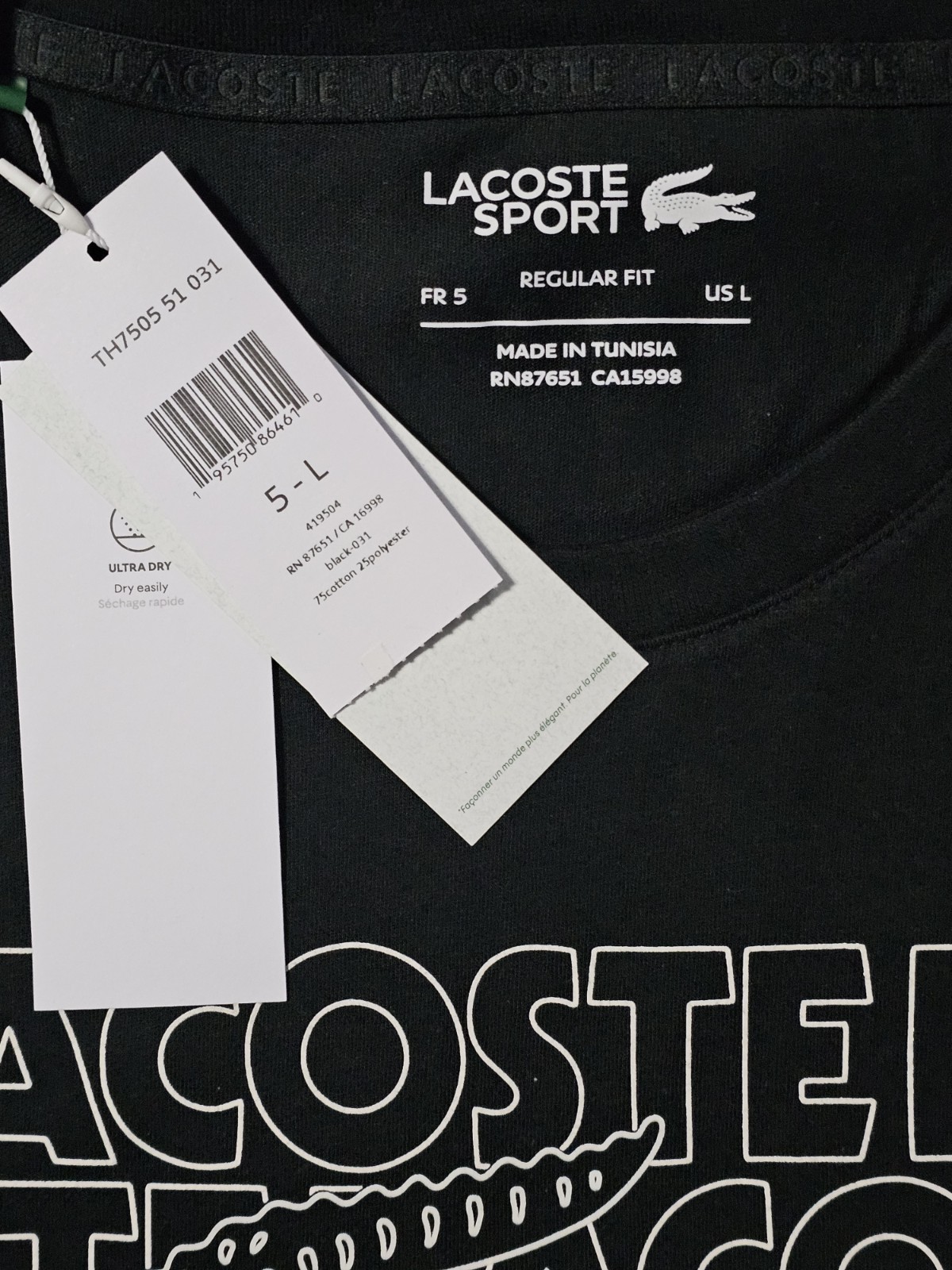 Lacoste Men's Regular Fit Black Graphic Stenciled Logo Sport Tee Size Large thumbnail 9