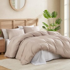Gingham Duvet Cover Queen Size, Tan Brown Checkered Plaid Bedding Set, 3 Piec...