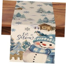 Winter Snowman Dining Table Runner, Let It Snow Pine Tree Cabin Birds