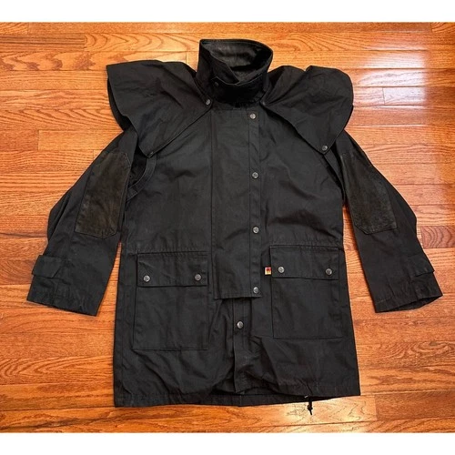 Kakadu Traders Australia Duster Jacket Mens Small Black Oilskin Waxed Wool Lined - product listing photo