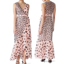 Fame & Partners Floral Ruffle Wrap Sheer Long Dress Pink Black Size US 2