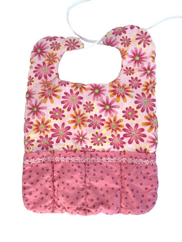 Pink Hand Made Toddler Bib w/Pockets Tie On Floral