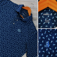 johnnie-O Blue Surfer All Over Print Men's L Performance Golf Polo Shirt Logo