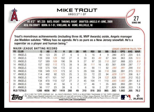 2022 Topps Mike Trout #27 Los Angeles Angels Baseball Card - Picture 2 of 2