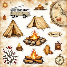 Cardstock Die Cut Embellishments Camping  12 Cut Outs 3.5 Inch
