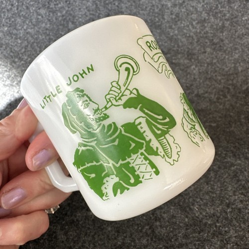 1950'S ROBIN HOOD Hazel Atlas Milk Glass Handled Mug 3" White Green Vintage - Picture 14 of 20