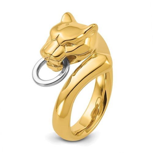 18K Solid Two Tone Gold Panther Head Bypass Ring - Picture 7 of 19