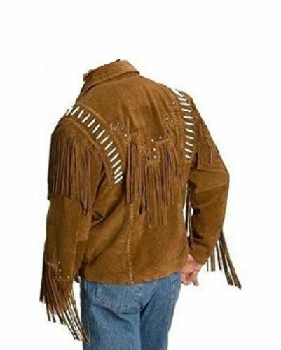 Veste western cowboy homme daim marron en cuir avec franges et perles travail - fermeture éclair - Photo 2/4