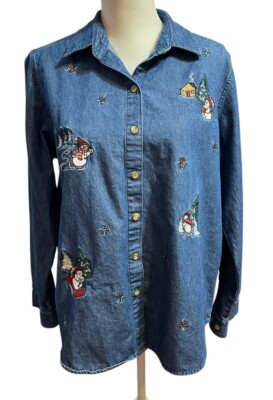 Vtg Classic Elements Womens Button Up Shirt Embroidered Size L Snowman Winter